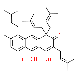 ChemSpider 2D Image | 4,5,10-Trihydroxy-7-methyl-1,1,3,8-tetrakis(3-methyl-2-buten-1-yl)-2(1H)-anthracenone | C35H44O4