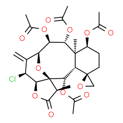 ChemSpider 2D Image | (1R,2S,3S,4R,7S,8R,9R,10R,11S,13S,14R,17R)-13-Chloro-8,17-dimethyl-12-methylene-16-oxospiro[15,18-dioxatetracyclo[9.6.1.0~1,14~.0~3,8~]octadecane-4,2'-oxirane]-2,7,9,10-tetrayl tetraacetate | C28H35ClO12