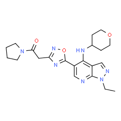 ChemSpider 2D Image | 1-Ethyl-5-[3-(2-Oxo-2-Pyrrolidin-1-Ylethyl)-1,2,4-Oxadiazol-5-Yl]-N-(Tetrahydro-2h-Pyran-4-Yl)-1h-Pyrazolo[3,4-B]pyridin-4-Amine | C21H27N7O3