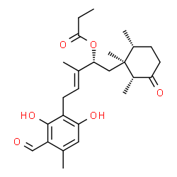 ChemSpider 2D Image | (2R,3E)-5-(3-Formyl-2,6-dihydroxy-4-methylphenyl)-3-methyl-1-[(1S,2R,6R)-1,2,6-trimethyl-3-oxocyclohexyl]-3-penten-2-yl propionate | C26H36O6