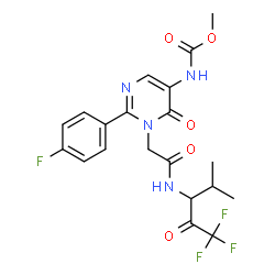 ChemSpider 2D Image | Methyl [2-(4-fluorophenyl)-6-oxo-1-{2-oxo-2-[(1,1,1-trifluoro-4-methyl-2-oxo-3-pentanyl)amino]ethyl}-1,6-dihydro-5-pyrimidinyl]carbamate | C20H20F4N4O5