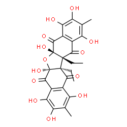 ChemSpider 2D Image | (5aS,6aS,12aS,12bS)-12a,12b-Diethyl-1,3,4,5a,6a,8,9,11-octahydroxy-2,10-dimethyl-5a,6a,12a,12b-tetrahydrodinaphtho[2,3-b:2',3'-d]furan-5,7,12,13-tetrone | C26H24O13
