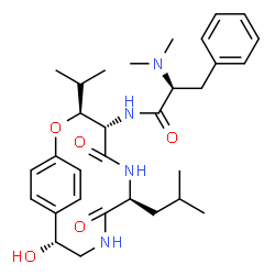 ChemSpider 2D Image | N-[(3S,4S,7S,11R)-11-Hydroxy-7-isobutyl-3-isopropyl-5,8-dioxo-2-oxa-6,9-diazabicyclo[10.2.2]hexadeca-1(14),12,15-trien-4-yl]-Nalpha,Nalpha-dimethyl-L-phenylalaninamide | C31H44N4O5