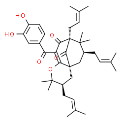 ChemSpider 2D Image | (1R,3R,9S,11S)-7-(3,4-Dihydroxybenzoyl)-4,4,10,10-tetramethyl-3,9,11-tris(3-methyl-2-buten-1-yl)-5-oxatricyclo[7.3.1.0~1,6~]tridec-6-ene-8,13-dione | C38H50O6