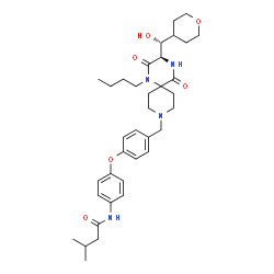 ChemSpider 2D Image | N-{4-[4-({(3R)-1-Butyl-3-[(R)-hydroxy(tetrahydro-2H-pyran-4-yl)methyl]-2,5-dioxo-1,4,9-triazaspiro[5.5]undec-9-yl}methyl)phenoxy]phenyl}-3-methylbutanamide | C36H50N4O6