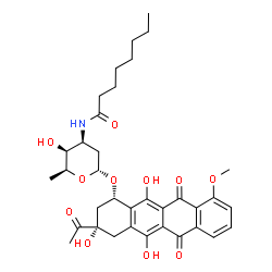 ChemSpider 2D Image | (1S,3S)-3-Acetyl-3,5,12-trihydroxy-10-methoxy-6,11-dioxo-1,2,3,4,6,11-hexahydro-1-tetracenyl 2,3,6-trideoxy-3-(octanoylamino)-alpha-L-lyxo-hexopyranoside | C35H43NO11