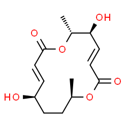 ChemSpider 2D Image | (3E,5S,6R,9E,11R,14R)-5,11-Dihydroxy-6,14-dimethyl-1,7-dioxacyclotetradeca-3,9-diene-2,8-dione | C14H20O6
