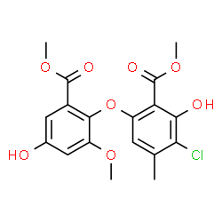 ChemSpider 2D Image | Methyl 3-chloro-2-hydroxy-6-[4-hydroxy-2-methoxy-6-(methoxycarbonyl)phenoxy]-4-methylbenzoate | C18H17ClO8