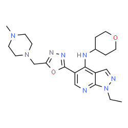 ChemSpider 2D Image | 1-Ethyl-5-{5-[(4-methyl-1-piperazinyl)methyl]-1,3,4-oxadiazol-2-yl}-N-(tetrahydro-2H-pyran-4-yl)-1H-pyrazolo[3,4-b]pyridin-4-amine | C21H30N8O2