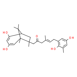 ChemSpider 2D Image | 6-(2,5-Dihydroxy-3-methylphenyl)-1-(2,4-dihydroxy-6,7,9,9-tetramethylbicyclo(4.2.1)nona-2,4-dien-7-yl)-4-methyl-4-hexen-2-one | C27H36O5