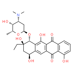 ChemSpider 2D Image | (1R,2R,4S)-2-Ethyl-2,4,7,12-tetrahydroxy-6,11-dioxo-1,2,3,4,6,11-hexahydro-1-tetracenyl 2,3,6-trideoxy-3-(dimethylamino)-alpha-D-lyxo-hexopyranoside | C28H33NO9