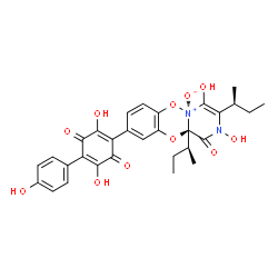 ChemSpider 2D Image | 2-{(5S,11aR)-3,11a-Di[(2S)-2-butanyl]-2,4-dihydroxy-5-oxido-1-oxo-1,11a-dihydro-2H-pyrazino[1,2-b][1,4,2]benzodioxazin-9-yl}-3,6-dihydroxy-5-(4-hydroxyphenyl)-1,4-benzoquinone | C30H30N2O11