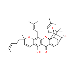 ChemSpider 2D Image | (1S,2S,17S,19R)-12-Hydroxy-8,21,21-trimethyl-5,19-bis(3-methyl-2-buten-1-yl)-8-(4-methyl-3-penten-1-yl)-3,7,20-trioxahexacyclo[15.4.1.0~2,15~.0~2,19~.0~4,13~.0~6,11~]docosa-4(13),5,9,11,15-pentaene-14
,18-dione | C38H46O6