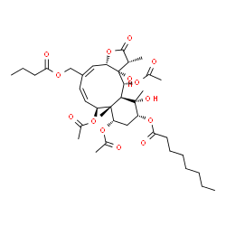ChemSpider 2D Image | (1R,3aS,4E,6Z,8S,8aR,9S,11R,12S,12aS,13R,13aS)-8,9,13-Triacetoxy-5-[(butyryloxy)methyl]-12,13a-dihydroxy-1,8a,12-trimethyl-2-oxo-1,2,3a,8,8a,9,10,11,12,12a,13,13a-dodecahydrobenzo[4,5]cyclodeca[1,2-b]
furan-11-yl octanoate | C38H56O14