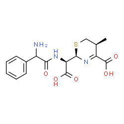 ChemSpider 2D Image | (2R,5S)-2-[(R)-{[Amino(phenyl)acetyl]amino}(carboxy)methyl]-5-methyl-5,6-dihydro-2H-1,3-thiazine-4-carboxylic acid | C16H19N3O5S