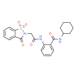 ChemSpider 2D Image | N-Cyclohexyl-2-{[(1,1-dioxido-3-oxo-1,2-benzothiazol-2(3H)-yl)acetyl]amino}benzamide | C22H23N3O5S