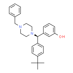 ChemSpider 2D Image | 3-{(R)-(4-Benzyl-1-piperazinyl)[4-(2-methyl-2-propanyl)phenyl]methyl}phenol | C28H34N2O
