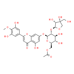 ChemSpider 2D Image | 2-(3,5-Dihydroxy-4-methoxyphenyl)-5-hydroxy-4-oxo-4H-chromen-7-yl 6-O-acetyl-2-O-[(2S,3R,4R)-3,4-dihydroxy-4-(hydroxymethyl)tetrahydro-2-furanyl]-beta-D-glucopyranoside | C29H32O17