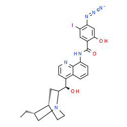 ChemSpider 2D Image | 4-Azido-2-hydroxy-N-[(8xi,9R)-9-hydroxy-10,11-dihydrocinchonan-8'-yl]-5-iodobenzamide | C26H27IN6O3