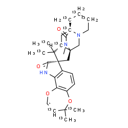 ChemSpider 2D Image | (1S,8S,10S,12S)-14-Methyl-4',4',11,11-tetrakis[(~13~C)methyl](3',5,6,7,8,10-~13~C_6_)-4'H,15H-spiro[3,14-diazatetracyclo[6.5.2.0~1,10~.0~3,8~]pentadecane-12,8'-[1,4]dioxepino[2,3-g]indole]-9',15(10'H)
-dione | C1813C10H35N3O4