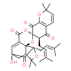 ChemSpider 2D Image | (1'S,2'S,6R,7S,9'R,11'R)-9'-Hydroxy-2,2,13',13'-tetramethyl-6,11'-bis(3-methyl-2-buten-1-yl)-6'H,10'H-spiro[chromene-7,4'-[3,5,12]trioxatetracyclo[7.4.1.0~2,7~.0~2,11~]tetradec[7]ene]-5,6',8,10'(2H,6H
)-tetrone | C33H38O9