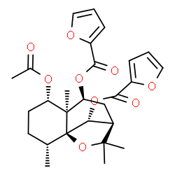 ChemSpider 2D Image | (1S,2R,5S,6S,7S,9R,12R)-5-Acetoxy-2,6,10,10-tetramethyl-11-oxatricyclo[7.2.1.0~1,6~]dodecane-7,12-diyl di(2-furoate) | C27H32O9