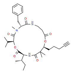 ChemSpider 2D Image | (2S,5R,12S,16S)-5-Benzyl-16-[(2S)-2-butanyl]-2-isopropyl-4,13,13-trimethyl-12-(4-pentyn-1-yl)-1,11-dioxa-4,7,15-triazacycloheptadecane-3,6,10,14,17-pentone | C34H49N3O7