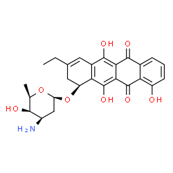ChemSpider 2D Image | (1S)-3-Ethyl-5,10,12-trihydroxy-6,11-dioxo-1,2,6,11-tetrahydro-1-tetracenyl 3-amino-2,3,6-trideoxy-beta-D-lyxo-hexopyranoside | C26H27NO8