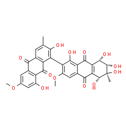 ChemSpider 2D Image | (5'R,6'S,7'S,8'S)-1',2,5',6',7',8,8'-Heptahydroxy-3',6-dimethoxy-3,6'-dimethyl-5',6',7',8'-tetrahydro-1,2'-bianthracene-9,9',10,10'-tetrone | C32H26O13