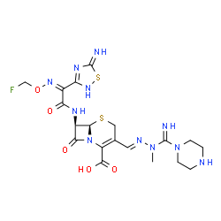 ChemSpider 2D Image | (6R,7R)-7-{[(2Z)-2-[(Fluoromethoxy)imino]-2-(5-imino-2,5-dihydro-1,2,4-thiadiazol-3-yl)acetyl]amino}-3-[(E)-{[(E)-imino(1-piperazinyl)methyl](methyl)hydrazono}methyl]-8-oxo-5-thia-1-azabicyclo[4.2.0]o
ct-2-ene-2-carboxylic acid | C19H24FN11O5S2