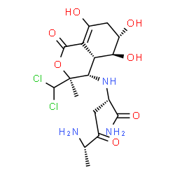 ChemSpider 2D Image | (5S)-5-Amino-N~2~-[(3S,4S,4aS,5S,6S)-3-(dichloromethyl)-5,6,8-trihydroxy-3-methyl-1-oxo-3,4,4a,5,6,7-hexahydro-1H-isochromen-4-yl]-4-oxo-L-norleucinamide | C17H25Cl2N3O7