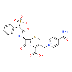 ChemSpider 2D Image | (1S)-2-({(6S,7R)-3-[(4-Carbamoyl-1-pyridiniumyl)methyl]-2-carboxy-8-oxo-5-thia-1-azabicyclo[4.2.0]oct-2-en-7-yl}amino)-2-oxo-1-phenylethanesulfonate | C22H20N4O8S2