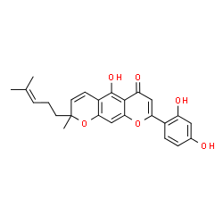 ChemSpider 2D Image | 8-(2,4-Dihydroxyphenyl)-5-hydroxy-2-methyl-2-(4-methyl-3-penten-1-yl)-2H,6H-pyrano[3,2-g]chromen-6-one | C25H24O6