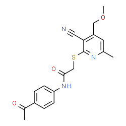ChemSpider 2D Image | N-(4-Acetylphenyl)-2-{[3-cyano-4-(methoxymethyl)-6-methyl-2-pyridinyl]sulfanyl}acetamide | C19H19N3O3S