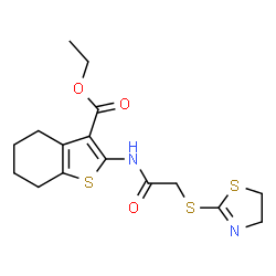 ChemSpider 2D Image | Ethyl 2-{[(4,5-dihydro-1,3-thiazol-2-ylsulfanyl)acetyl]amino}-4,5,6,7-tetrahydro-1-benzothiophene-3-carboxylate | C16H20N2O3S3