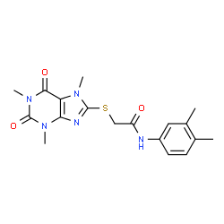 ChemSpider 2D Image | N-(3,4-Dimethylphenyl)-2-[(1,3,7-trimethyl-2,6-dioxo-2,3,6,7-tetrahydro-1H-purin-8-yl)sulfanyl]acetamide | C18H21N5O3S