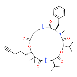 ChemSpider 2D Image | (2S,5R,12S,16S)-5-Benzyl-2,16-diisopropyl-4,13,13-trimethyl-12-(4-pentyn-1-yl)-1,11-dioxa-4,7,15-triazacycloheptadecane-3,6,10,14,17-pentone | C33H47N3O7