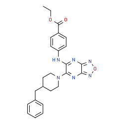 ChemSpider 2D Image | Ethyl 4-{[6-(4-benzyl-1-piperidinyl)[1,2,5]oxadiazolo[3,4-b]pyrazin-5-yl]amino}benzoate | C25H26N6O3