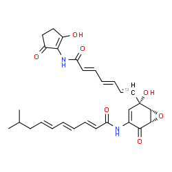 ChemSpider 2D Image | (2E,4E,6E)-N-{(1S,5S,6R)-5-Hydroxy-5-[(1E,3E,5E)-7-[(2-hydroxy-5-oxo-1-cyclopenten-1-yl)amino]-7-oxo(1-~13~C)-1,3,5-heptatrien-1-yl]-2-oxo-7-oxabicyclo[4.1.0]hept-3-en-3-yl}-9-methyl-2,4,6-decatrienam
ide | C2813CH32N2O7