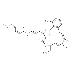 ChemSpider 2D Image | (2Z,4Z)-N-{(1E)-3-[(8E,11Z)-10,17-Dihydroxy-7-(hydroxymethyl)-11-methyl-1,5-dioxo-1,4,5,7,10,13-hexahydro-3H-2,6-benzodioxacyclopentadecin-3-yl]-1-propen-1-yl}-4-(methoxyimino)-2-butenamide | C27H32N2O9
