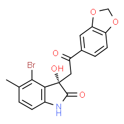 ChemSpider 2D Image | (3S)-3-[2-(1,3-Benzodioxol-5-yl)-2-oxoethyl]-4-bromo-3-hydroxy-5-methyl-1,3-dihydro-2H-indol-2-one | C18H14BrNO5