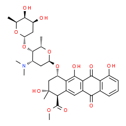 ChemSpider 2D Image | Methyl (1R,2R,4S)-2,5,7-trihydroxy-2-methyl-6,11-dioxo-4-{[2,3,6-trideoxy-4-O-(2,6-dideoxy-alpha-L-lyxo-hexopyranosyl)-3-(dimethylamino)-alpha-L-lyxo-hexopyranosyl]oxy}-1,2,3,4,6,11-hexahydro-1-tetrac
enecarboxylate | C35H43NO13