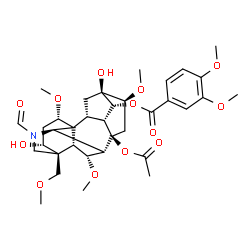 ChemSpider 2D Image | (1alpha,3alpha,6alpha,7beta,14alpha,16beta)-8-Acetoxy-20-formyl-3,13-dihydroxy-1,6,16-trimethoxy-4-(methoxymethyl)aconitan-14-yl 3,4-dimethoxybenzoate | C35H47NO13