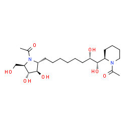 ChemSpider 2D Image | 1-[(2R)-2-{(1S,2S)-8-[(2R,3R,4R,5R)-1-Acetyl-3,4-dihydroxy-5-(hydroxymethyl)-2-pyrrolidinyl]-1,2-dihydroxyoctyl}-1-piperidinyl]ethanone | C22H40N2O7
