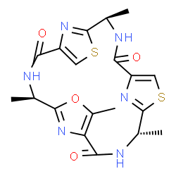 ChemSpider 2D Image | (4S,11S,18R)-4,7,11,18-Tetramethyl-6-oxa-13,20-dithia-3,10,17,22,23,24-hexaazatetracyclo[17.2.1.1~5,8~.1~12,15~]tetracosa-1(21),5(24),7,12(23),14,19(22)-hexaene-2,9,16-trione | C19H20N6O4S2