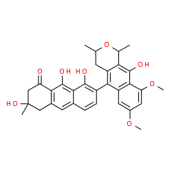 ChemSpider 2D Image | 3,8,9-Trihydroxy-7-(10-hydroxy-7,9-dimethoxy-1,3-dimethylbenzo[g]isochroman-5-yl)-3-methyl-2,3,4-trihydroanthracen-1-one | C32H32O8