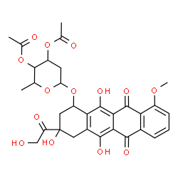 ChemSpider 2D Image | 3-Glycoloyl-3,5,12-trihydroxy-10-methoxy-6,11-dioxo-1,2,3,4,6,11-hexahydro-1-tetracenyl 3,4-di-O-acetyl-2,6-dideoxyhexopyranoside | C31H32O14