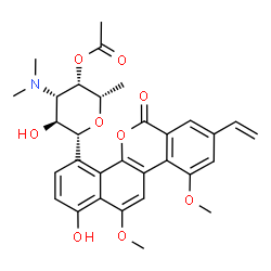 ChemSpider 2D Image | (6R)-3-O-Acetyl-2,6-anhydro-1,4-dideoxy-4-(dimethylamino)-6-(1-hydroxy-10,12-dimethoxy-6-oxo-8-vinyl-6H-dibenzo[c,h]chromen-4-yl)-D-galactitol | C31H33NO9