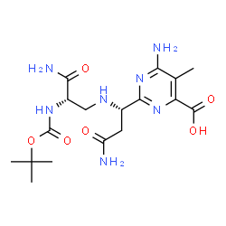 ChemSpider 2D Image | 6-Amino-2-[(1S)-3-amino-1-{[(2S)-3-amino-2-({[(2-methyl-2-propanyl)oxy]carbonyl}amino)-3-oxopropyl]amino}-3-oxopropyl]-5-methyl-4-pyrimidinecarboxylic acid | C17H27N7O6