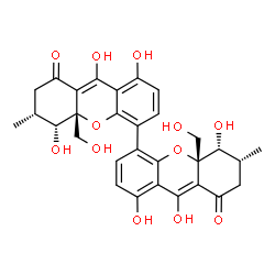 ChemSpider 2D Image | (5R,5'R,6R,6'R,10aR,10a'R)-1,1',5,5',9,9'-Hexahydroxy-10a,10a'-bis(hydroxymethyl)-6,6'-dimethyl-5,5',6,6',7,7',10a,10a'-octahydro-8H,8'H-4,4'-bixanthene-8,8'-dione | C30H30O12